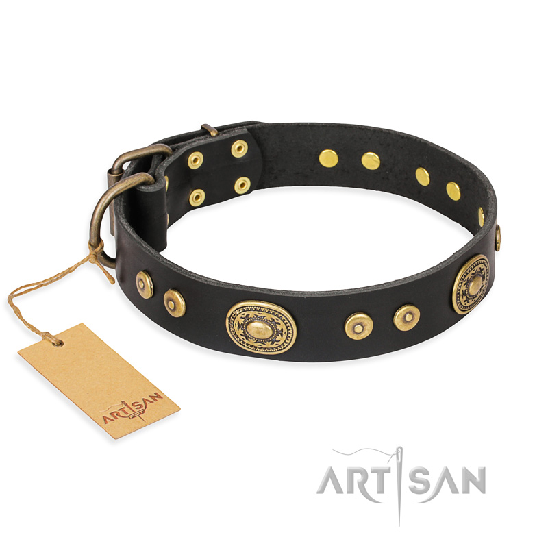 "Golden Radiance" FDT Artisan Black Leather Riesenschnauzer Collar with Old Bronze Look Ovals and Circles