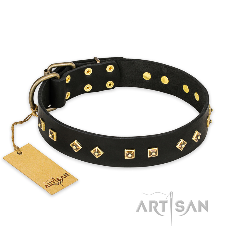 "Rhomb Style" FDT Artisan Decorated Leather Riesenschnauzer Collar with Old Bronze-Plated Studs 1 1/2 inch (40 mm) Wide