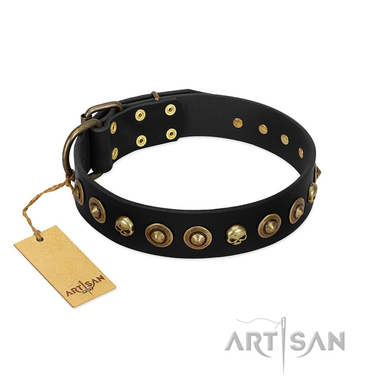 "Reckless Mutt" FDT Artisan Black Leather Riesenschnauzer Collar with Skulls and Brooches