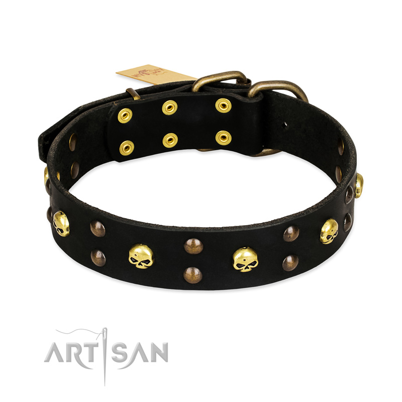 "Heavy Metal" Leather Riesenschnauzer Collar with Skulls and Studs 1 1/2 inch (40 mm)