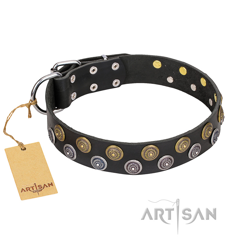 "Romantic Breeze" FDT Artisan Black Leather Riesenschnauzer Collar with Sparkling Circles