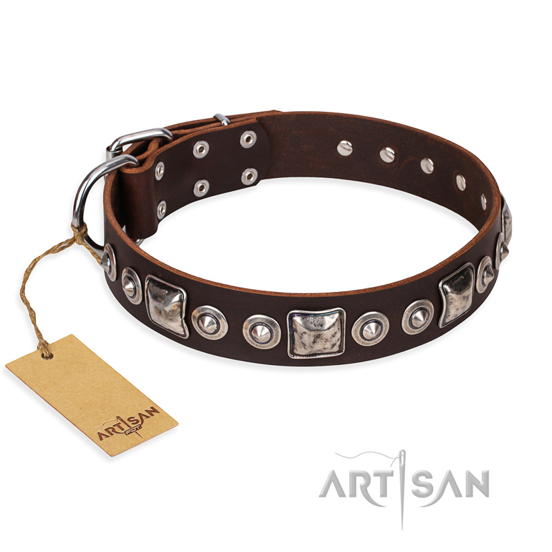 "Pierian spring" FDT Artisan Brown Leather Riesenschnauzer Collar with Silvery Decorations - Click Image to Close