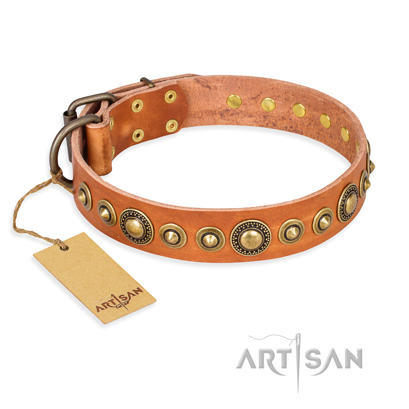 "Feast of Luxury" FDT Artisan Tan Leather Riesenschnauzer Collar with Old Bronze Look Circles