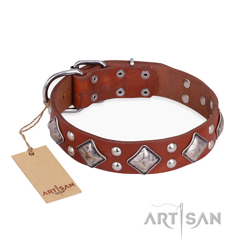 "Magic Squares" FDT Artisan Tan Leather Riesenschnauzer Collar with Silver-like Decor