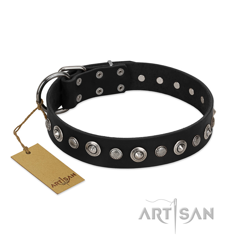 "Genteel Charm" FDT Artisan Black Leather Riesenschnauzer Collar with Silver-like Round Conchos