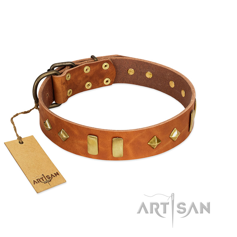 "Woofy Dawn" FDT Artisan Tan Leather Riesenschnauzer Collar with Plates and Rhombs