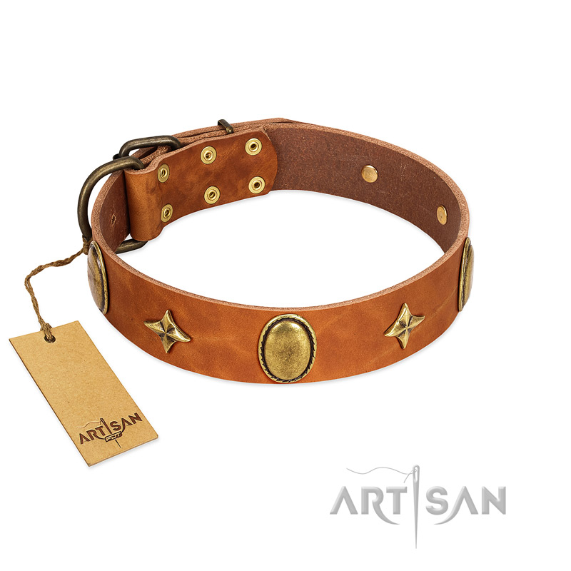 "Space Warrior" FDT Artisan Tan Leather Riesenschnauzer Collar with Ovals and Stars