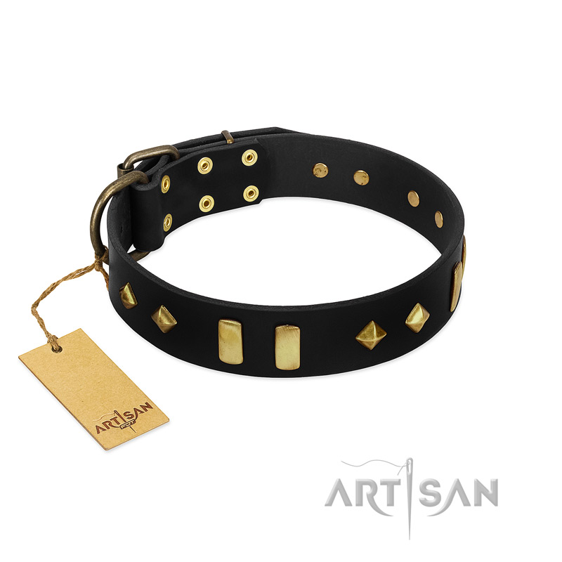 "De Luxe" FDT Artisan Black Leather Riesenschnauzer Collar with Old Bronze-like Plates and Studs