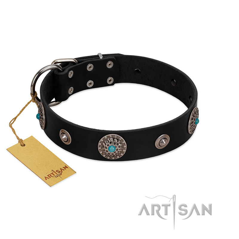 "Blue Gems" FDT Artisan Black Leather Riesenschnauzer Collar with Chrome Plated Studs and Conchos