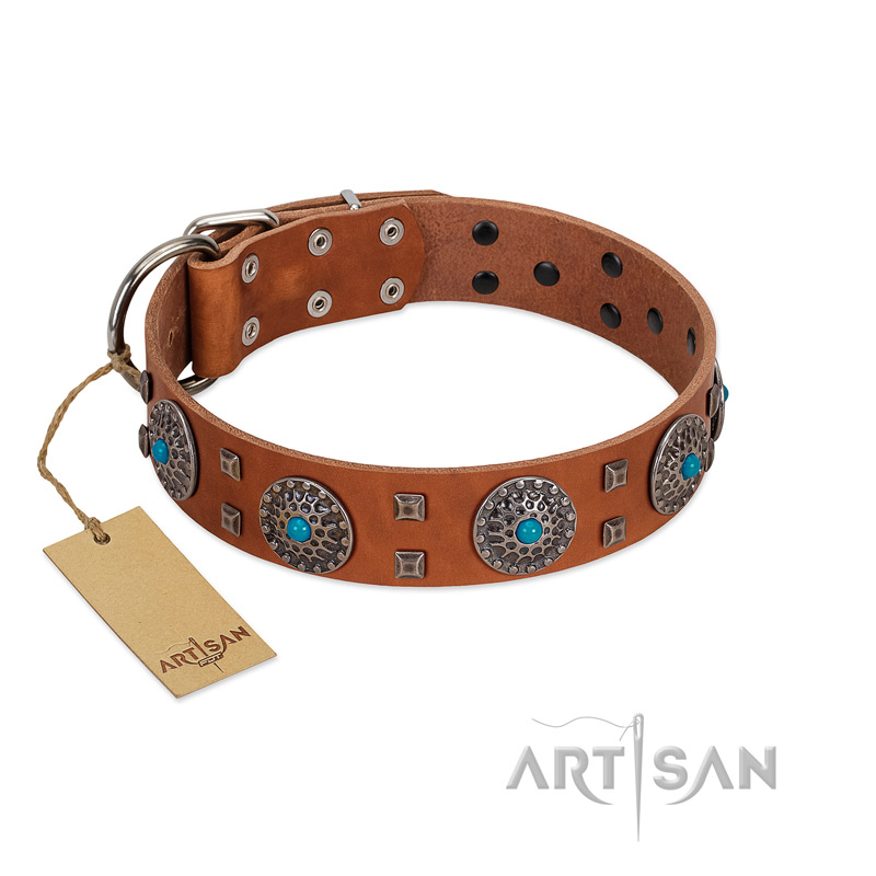 "Blue Sands" FDT Artisan Tan Leather Riesenschnauzer Collar with Silver-like Studs and Round Conchos with Stones