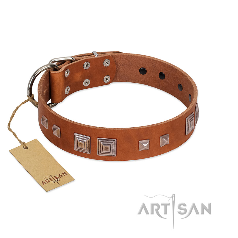 "Egyptian Gifts" Handmade FDT Artisan Tan Leather Riesenschnauzer Collar with Chrome-plated Pyramids