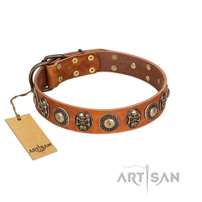 "Golden Epoch" FDT Artisan Tan Leather Riesenschnauzer Collar with Old Bronze-plated Medallions and Conchos