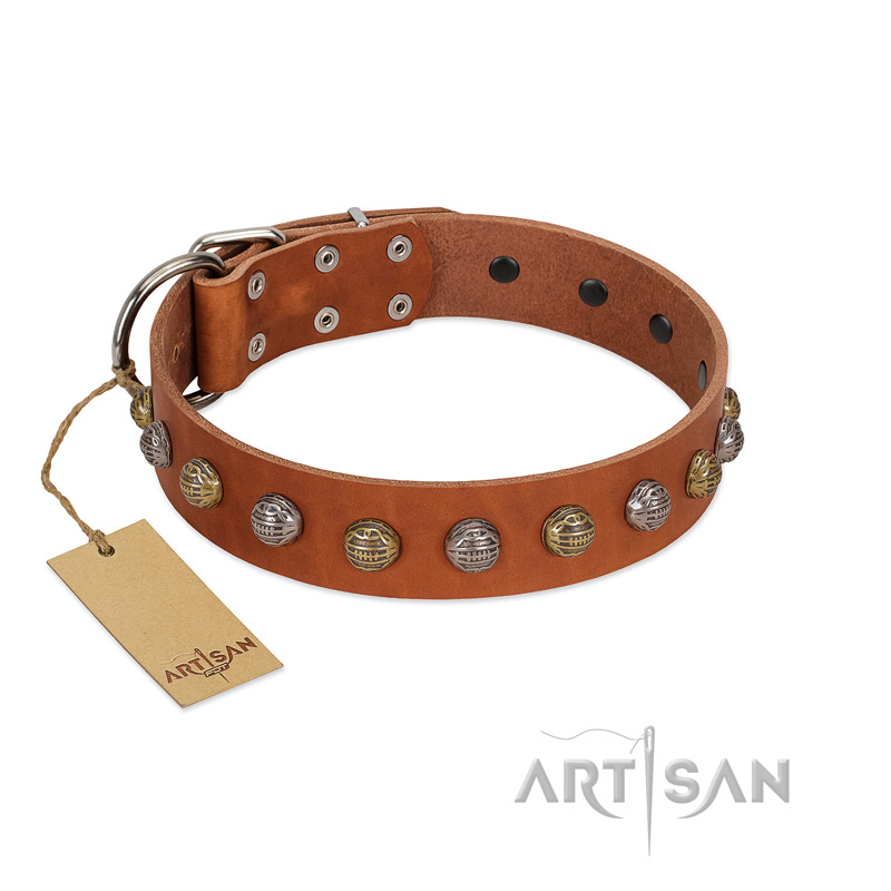 "Dogue-Vogue" FDT Artisan Tan Leather Riesenschnauzer Collar with Engraved Chrome-plated Studs