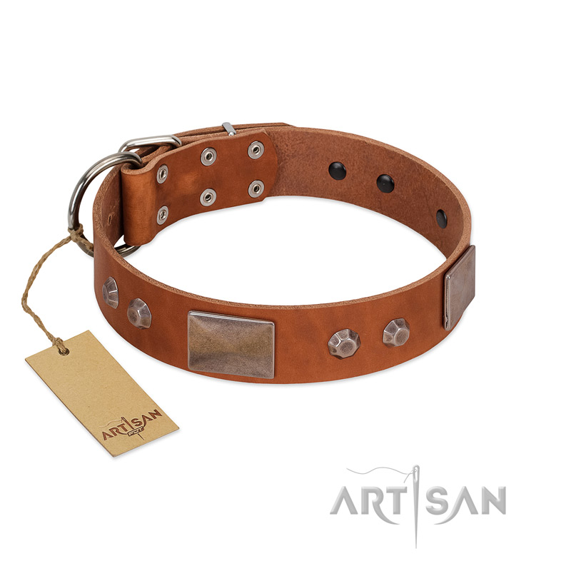 "Great Obelisk" Handcrafted FDT Artisan Tan Leather Riesenschnauzer Collar with Large Plates and Pyramids