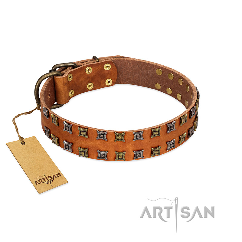 "Terra-cotta" FDT Artisan Tan Leather Riesenschnauzer Collar with Two Rows of Studs