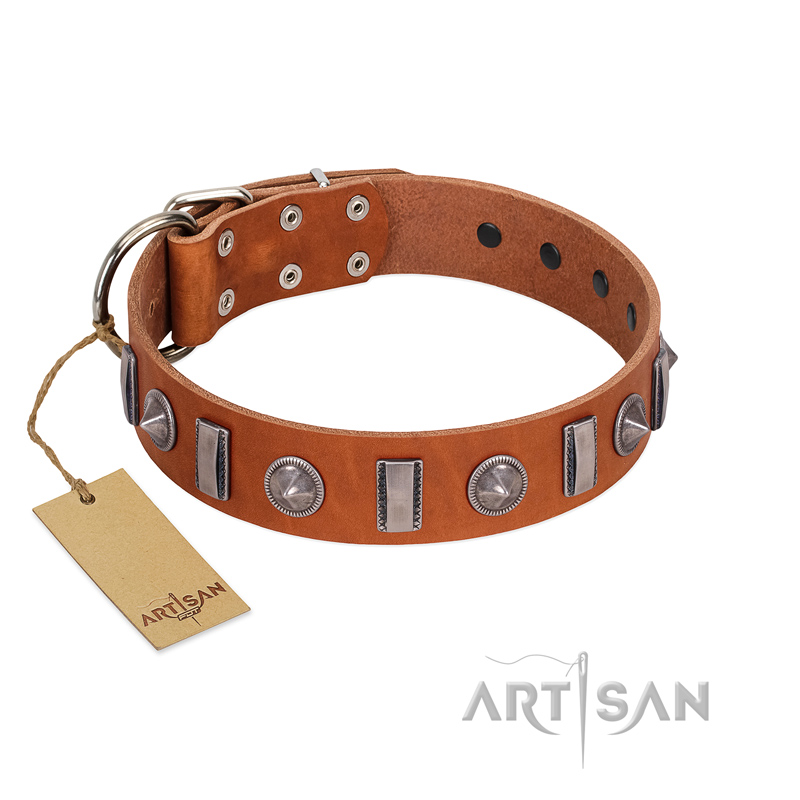"Luxurious Necklace" FDT Artisan Tan Leather Riesenschnauzer Collar with Silver-Like Adornments