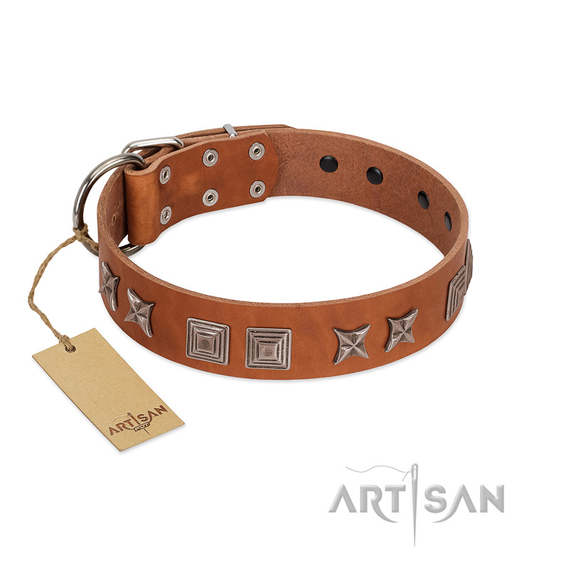 "Antique Figures" FDT Artisan Tan Leather Riesenschnauzer Collar with Silver-like Engraved Plates