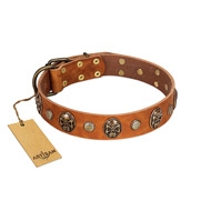 "Call of Feat" FDT Artisan Tan Leather Riesenschnauzer Collar with Old Bronze-like Studs and Oval Brooches