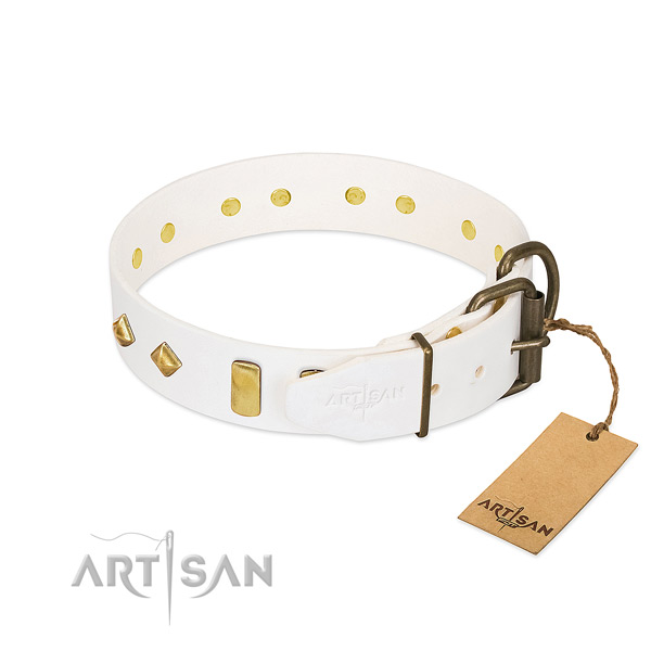 Gentle to touch genuine leather dog collar with rust resistant buckle