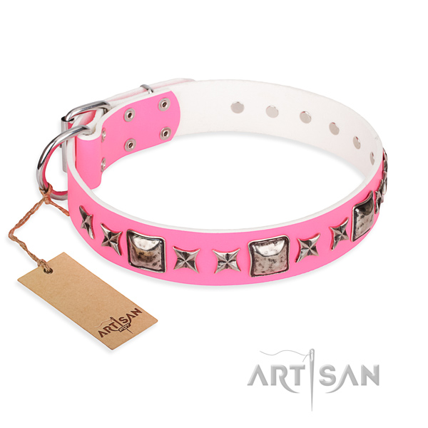 Genuine leather dog collar made of soft to touch material with strong fittings