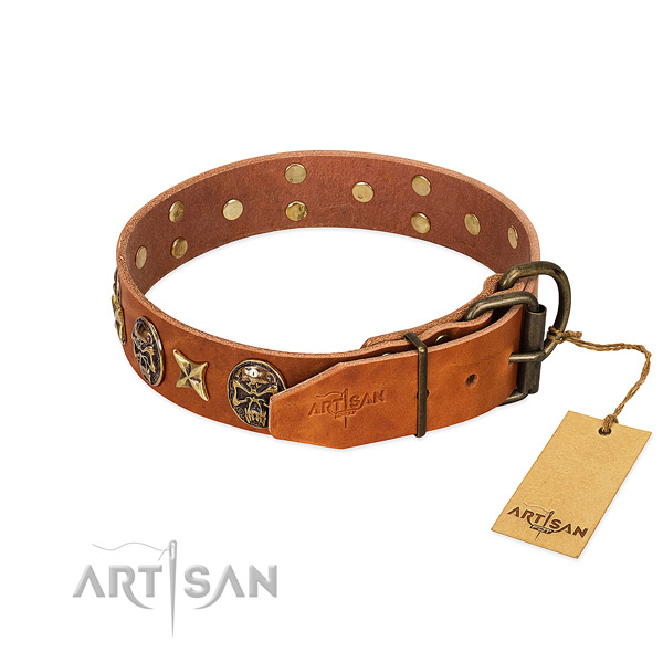 Full grain genuine leather dog collar with corrosion proof hardware and decorations