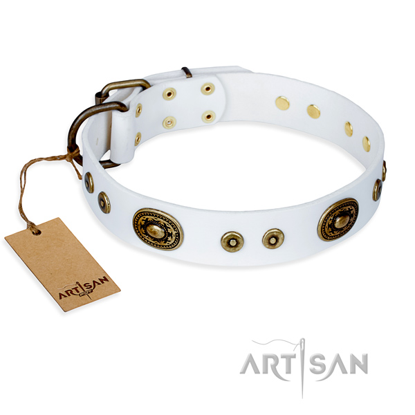 Full grain genuine leather dog collar made of soft to touch material with durable fittings