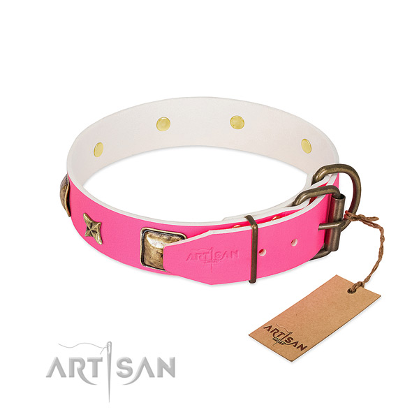 Rust resistant D-ring on full grain leather collar for daily walking your doggie