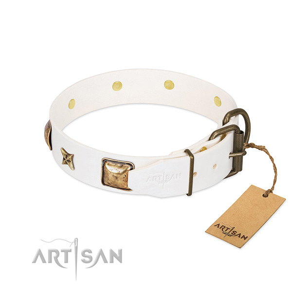Full grain natural leather dog collar with rust-proof buckle and studs