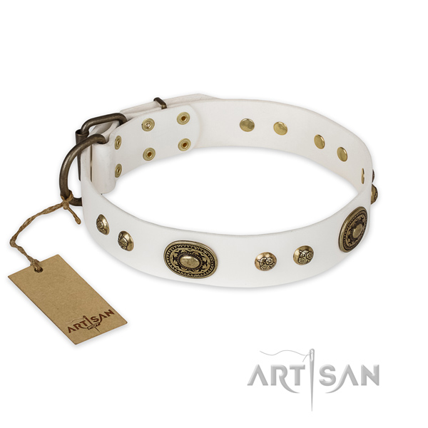 Decorated genuine leather dog collar for comfortable wearing