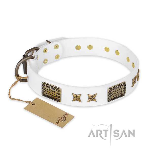 Fine quality natural genuine leather dog collar with corrosion resistant fittings