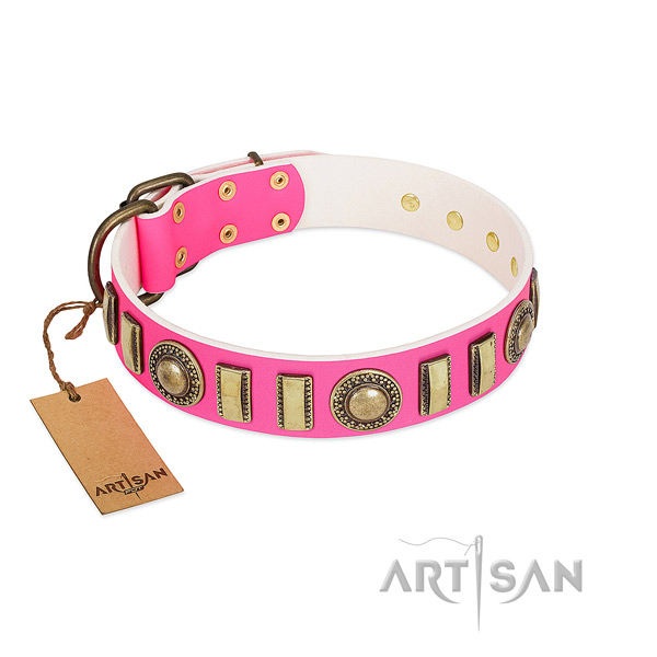 Awesome full grain natural leather dog collar with rust-proof fittings