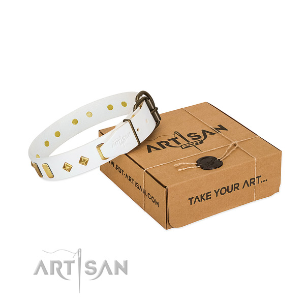 Flexible genuine leather dog collar with rust resistant traditional buckle