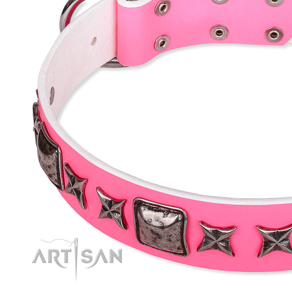 Basic training adorned dog collar of strong full grain leather