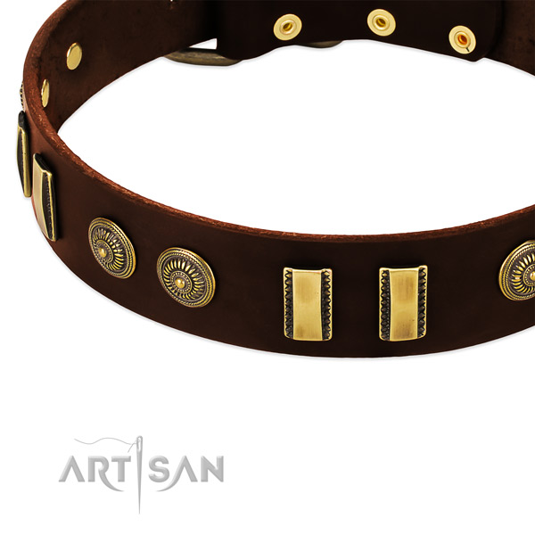 Reliable D-ring on leather dog collar for your doggie