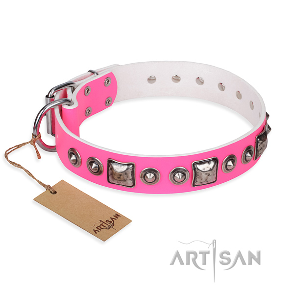 Leather dog collar made of soft to touch material with strong hardware