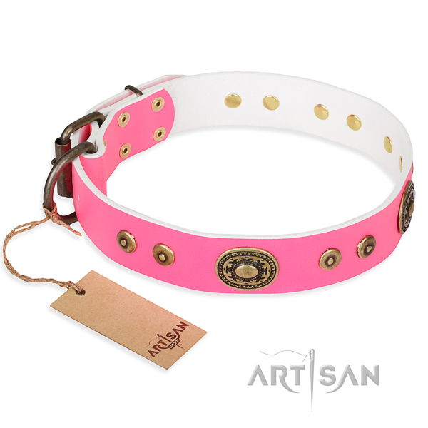 Leather dog collar made of gentle to touch material with corrosion resistant traditional buckle