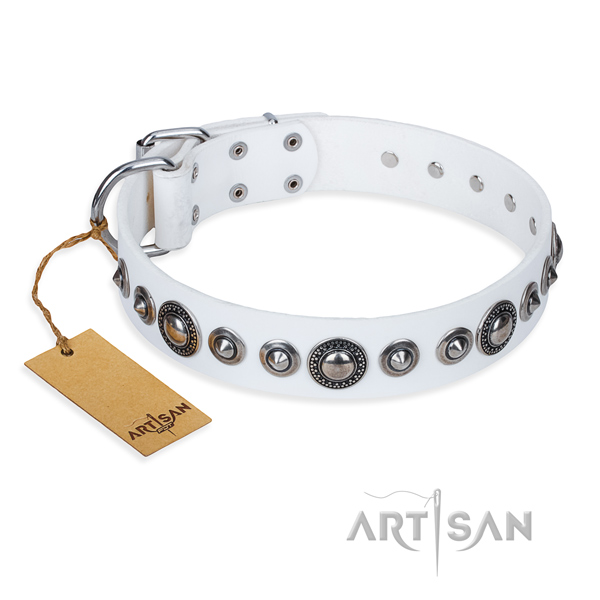 Full grain natural leather dog collar made of flexible material with corrosion resistant hardware
