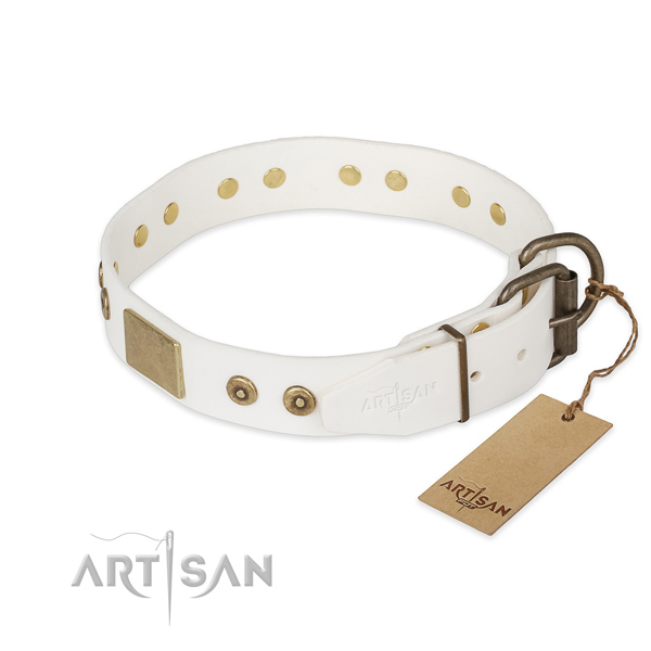 Rust resistant hardware on full grain natural leather collar for fancy walking your dog