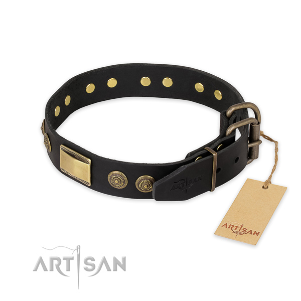 Durable D-ring on full grain genuine leather collar for daily walking your doggie