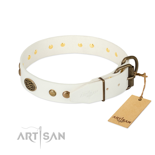 Strong D-ring on natural leather dog collar for your doggie