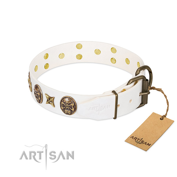 Rust-proof D-ring on full grain natural leather collar for basic training your doggie