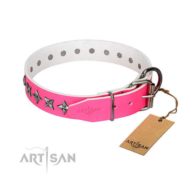 High quality full grain natural leather dog collar with stylish design studs