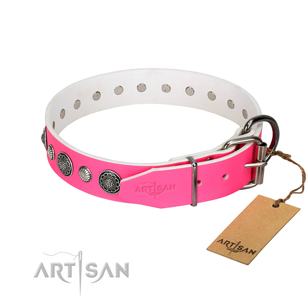 Flexible natural leather dog collar with corrosion proof traditional buckle