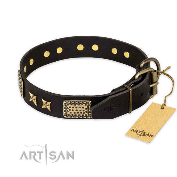 Strong D-ring on full grain leather collar for your attractive four-legged friend