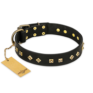 "Rhomb Style" FDT Artisan Decorated Leather Riesenschnauzer Collar with Old Bronze-Plated Studs 1 1/2 inch (40 mm) Wide