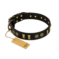 "Simple Elegance" FDT Artisan Black Leather Riesenschnauzer Collar with Old Bronze-like Plates and Circles