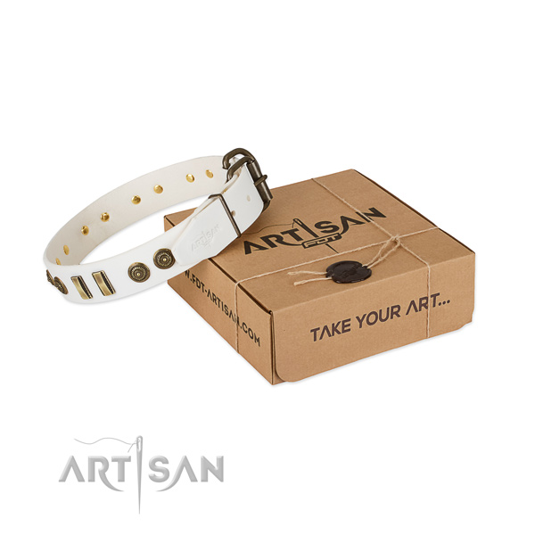 Strong hardware on full grain genuine leather dog collar for your four-legged friend