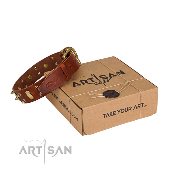Handy use dog collar of best quality genuine leather with embellishments