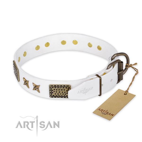 Corrosion resistant hardware on full grain natural leather collar for your attractive canine