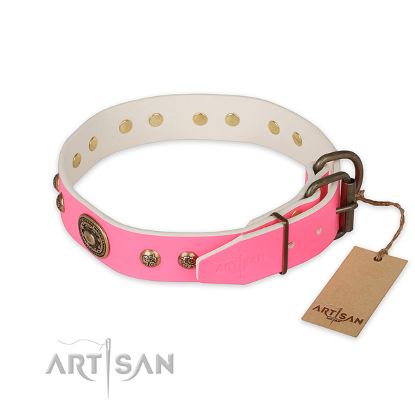 Corrosion resistant D-ring on natural genuine leather collar for fancy walking your canine